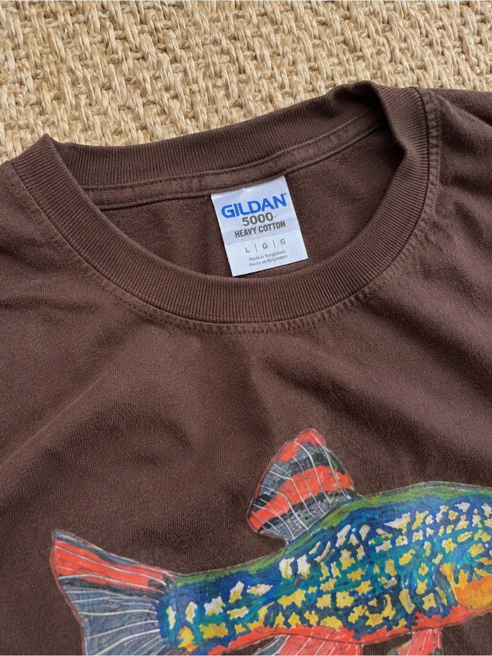 Gildan Brown Tee with Colorful Fish Illustration